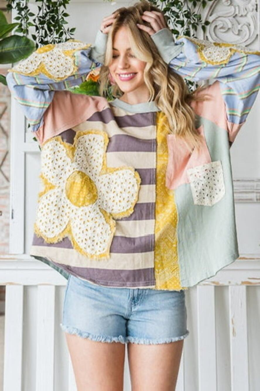 Patchwork Daisy Appliqué Long-Sleeve Top in Pastel Multi